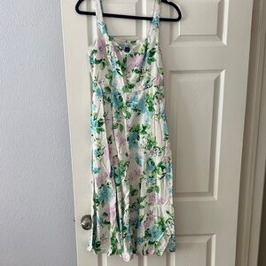 Floral White Sleeveless Midi Dress with Blue & Green Bloom